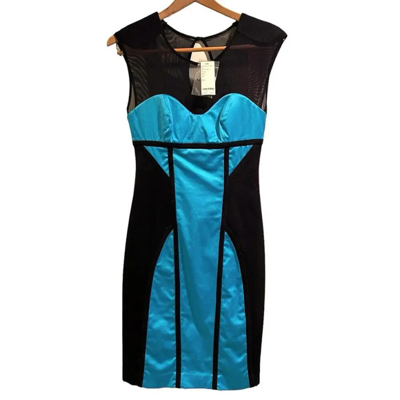 Bebe Melany Mesh Top Satin Stretch Turquoise Black Bodycon Pencil Dress XS NWT - Picture 1 of 15